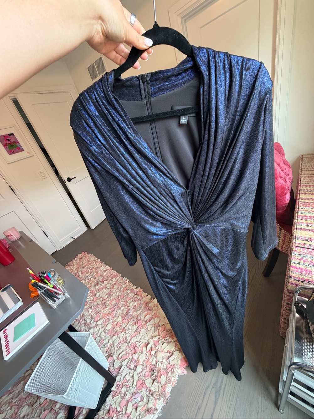 Tadashi Shoji Midnight Navy Metallic Draped Dress